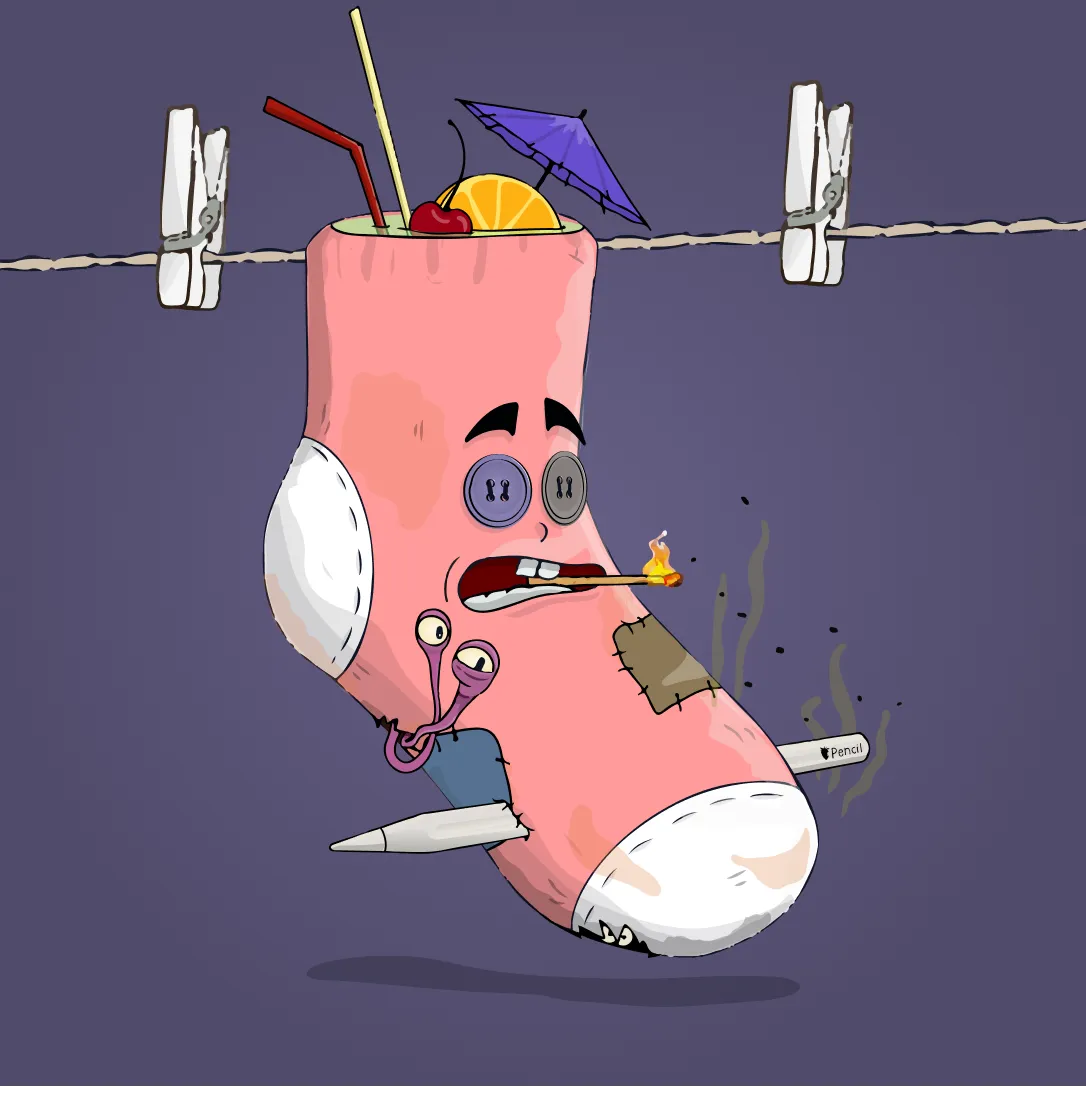 Sock character illustration holding a cocktail on a washing line